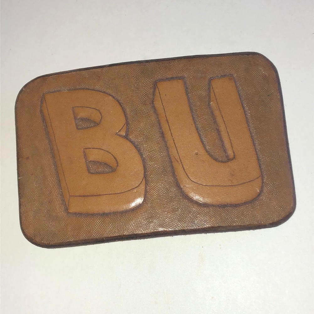 Vintage Brown Leather 'BU' Embossed Belt Buckle